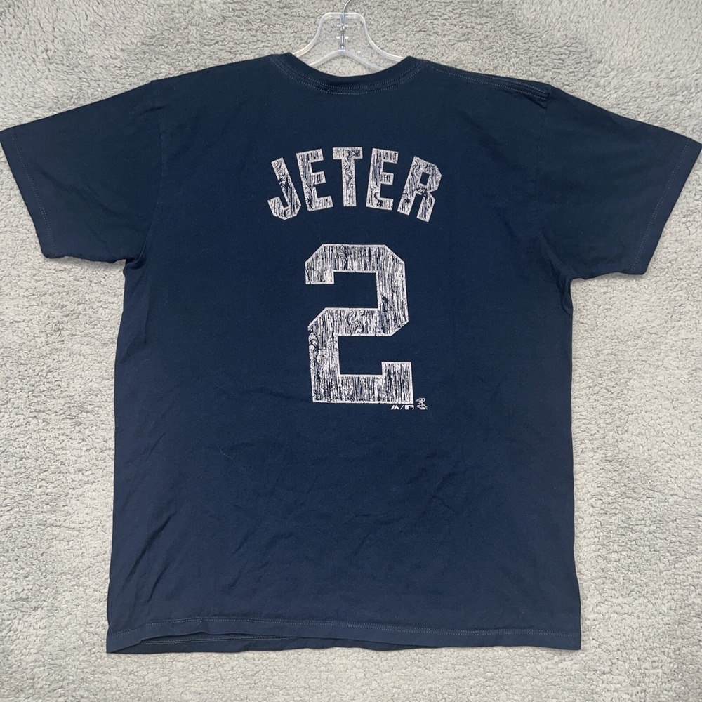 VTG Derek Jeter New York Yankees T Shirt Men's Sz L Blue #2 Majestic 2-Side RARE